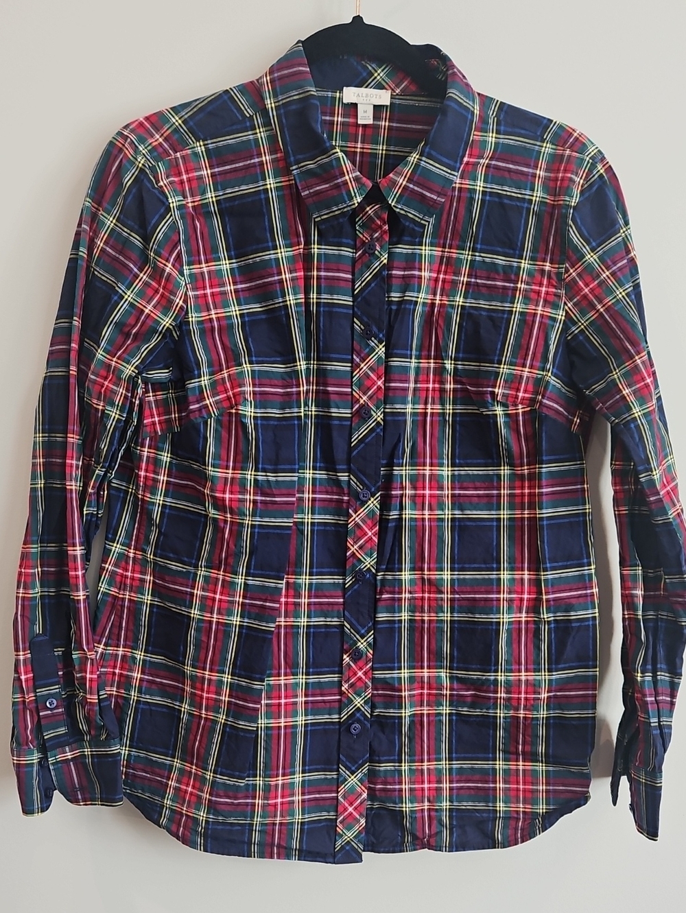 Talbots Holiday Shimmer Plaid Button Up Shirt Navy Red Woven Blouse Sparkle. Med